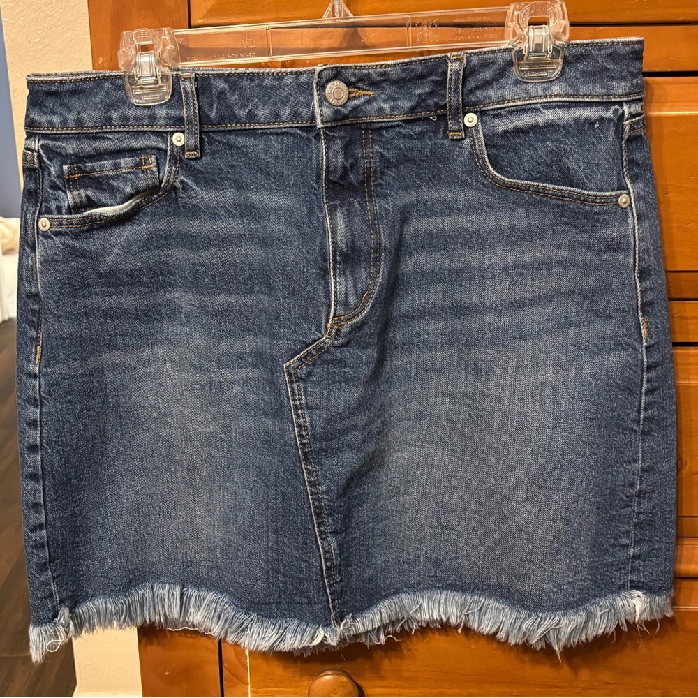 LOFT Dark Blue Denim Frayed-Hem Mini Skirt